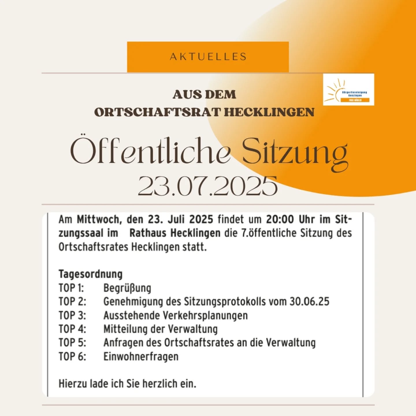 23.07.2025 - Öffentliche Sitzung des Ortschaftsrates Hecklingen 

Hast du Fragen?

Auf der Tagesordnung stehen bereits folgende Themen:
🚨 Ausstehende Verkehrsplanungen
...

Komm vorbei und bringe dich ein. ❤️