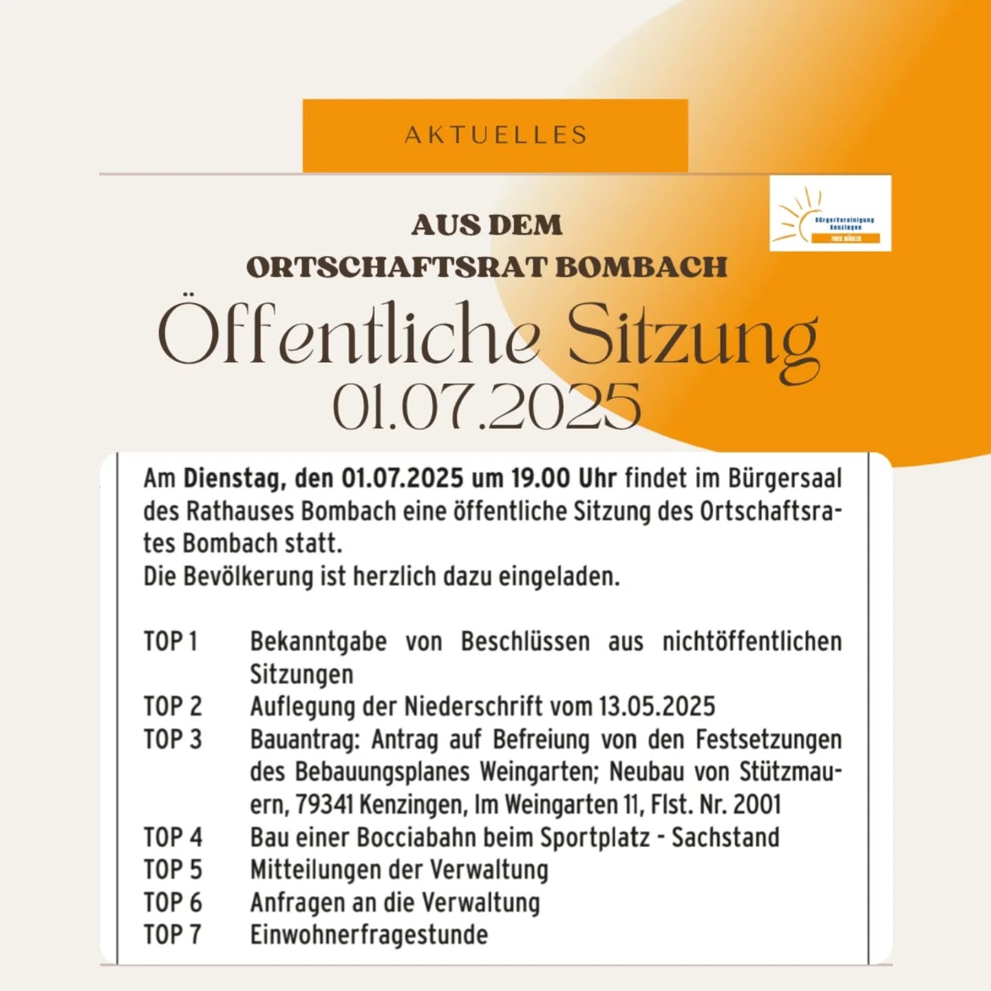 01.07.2025 - Öffentliche Sitzung des Ortschaftsrates Bombach

Hast du Fragen?

Komm vorbei und bringe dich ein. ❤️
