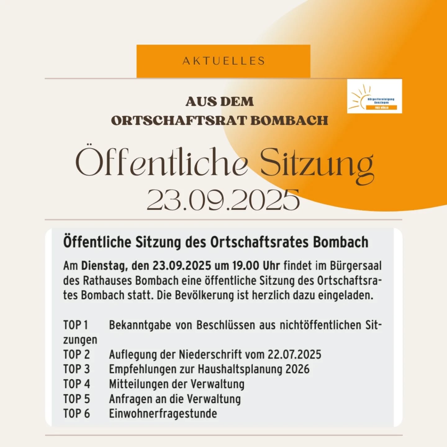 22.09.2025 - Öffentliche Sitzung des Ortschaftsrates Bombach

Hast du Fragen?

Auf der Tagesordnung steht bereits folgendes Thema:
🚨 Haushaltsplanungen 2026
...

Komm vorbei und bringe dich ein. ❤️